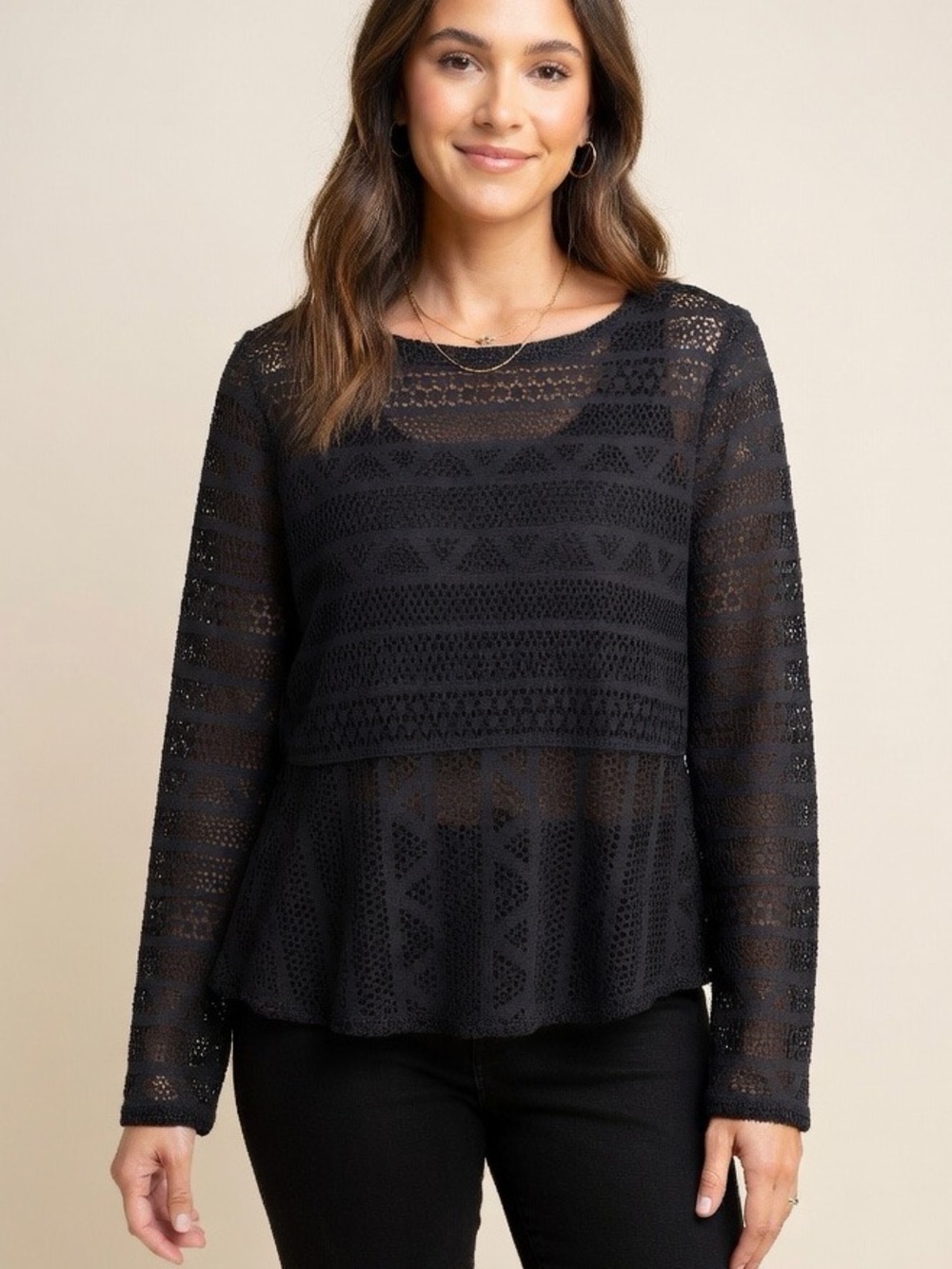 BCBGMaxAzria Ramona Black Lace Long-Sleeve Peplum Blouse